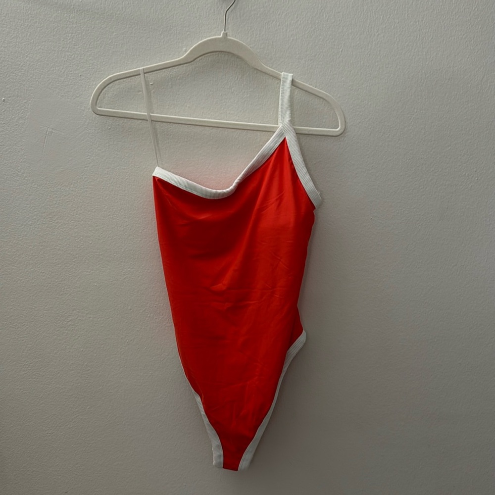 American Eagle Outfitters Red One-Shoulder One-Piece Swimsuit with White Trim